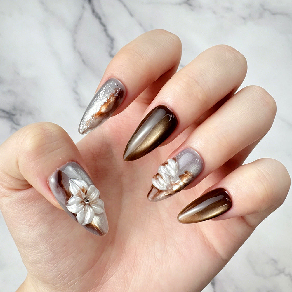 Luxury Grey Brown Handmade 3D Press-On Nails