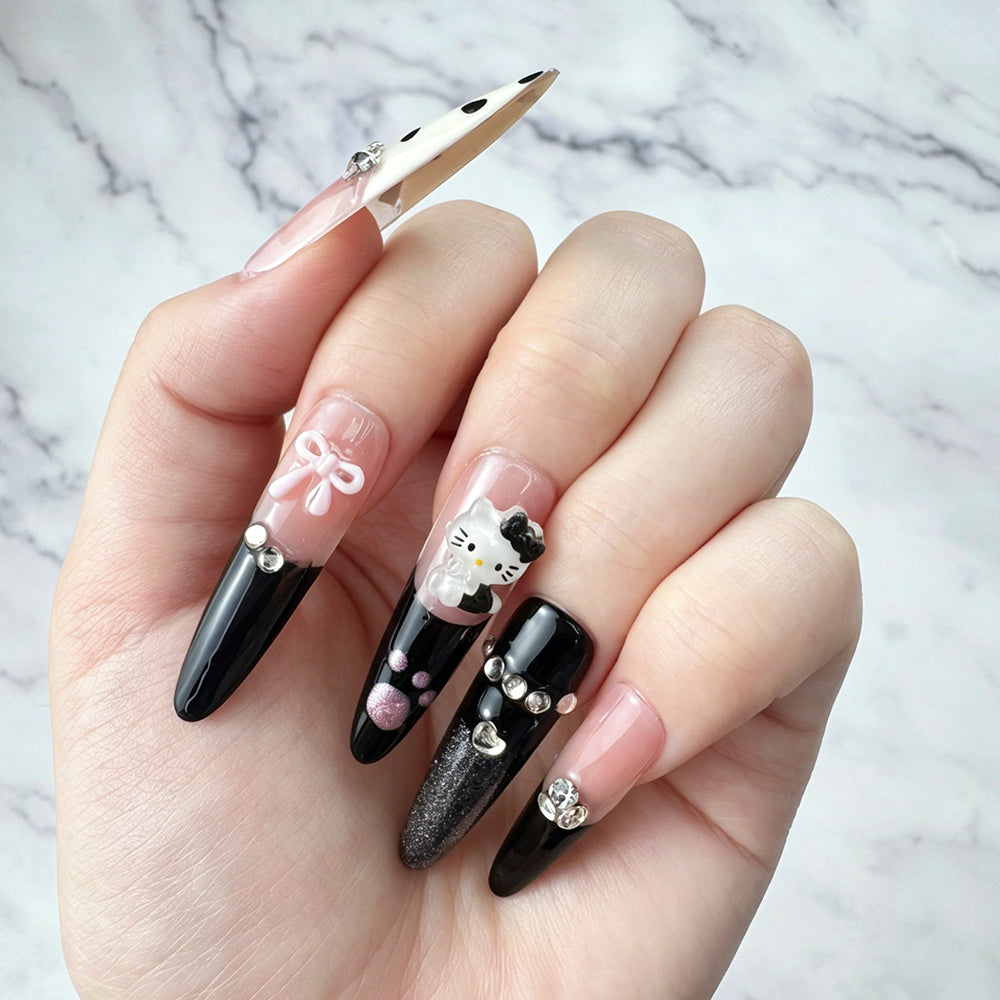 Cute Black & Pink Handmade 3D Press-On Nails