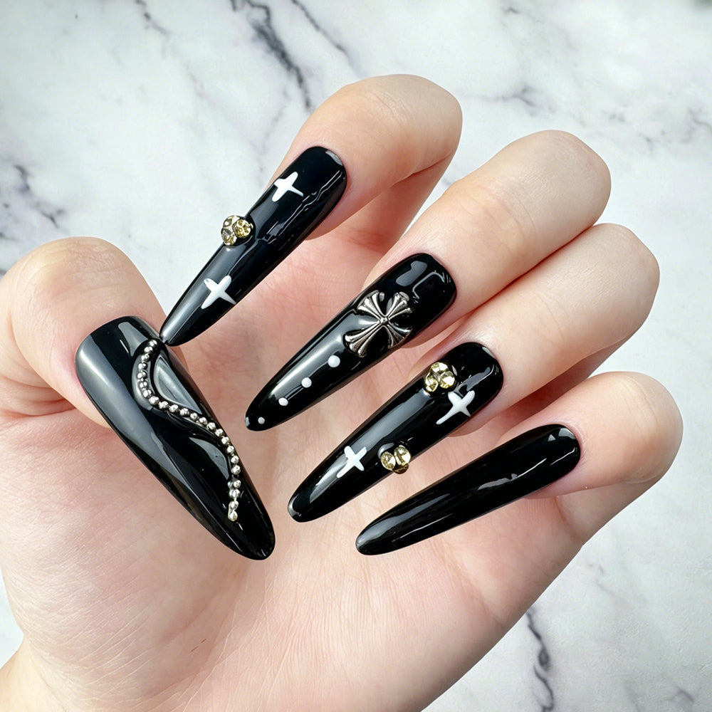 Glossy Black Gothic 3D Press-On Nails
