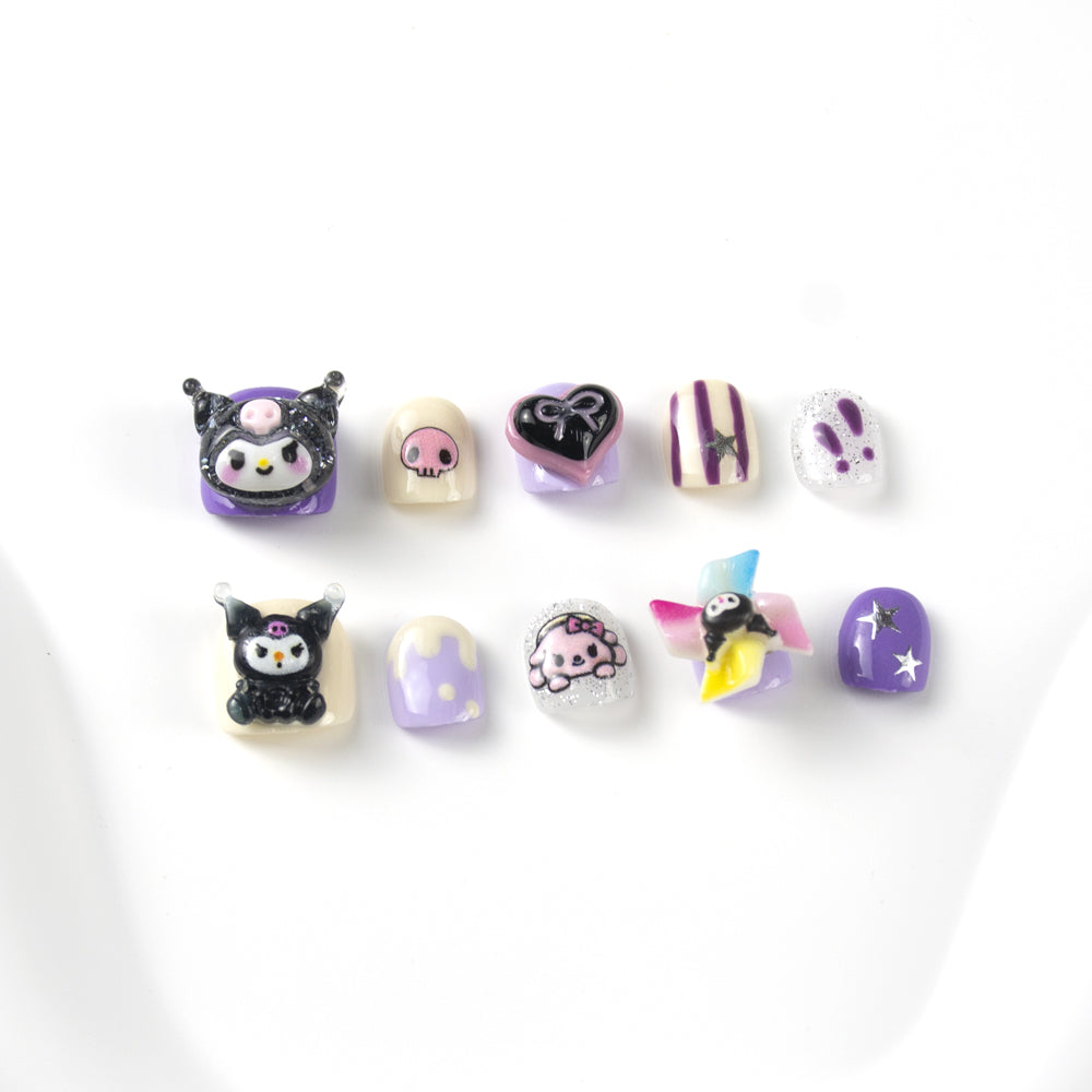 Kids Press-On Nails with 3D Cartoon & Purple Designs | Wholesale
