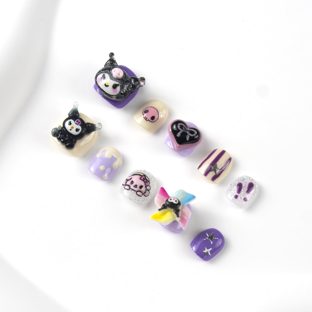 Kids Press-On Nails with 3D Cartoon & Purple Designs | Wholesale