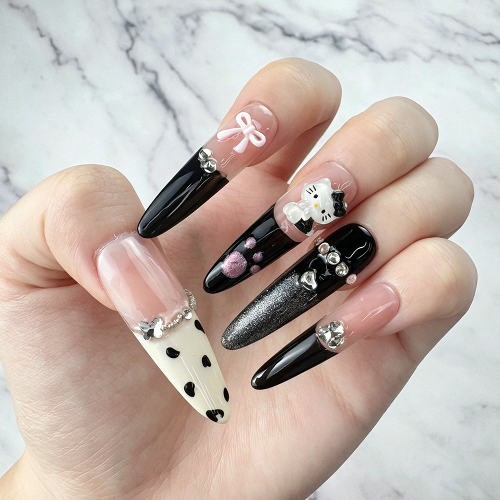 Cute Black & Pink Handmade 3D Press-On Nails