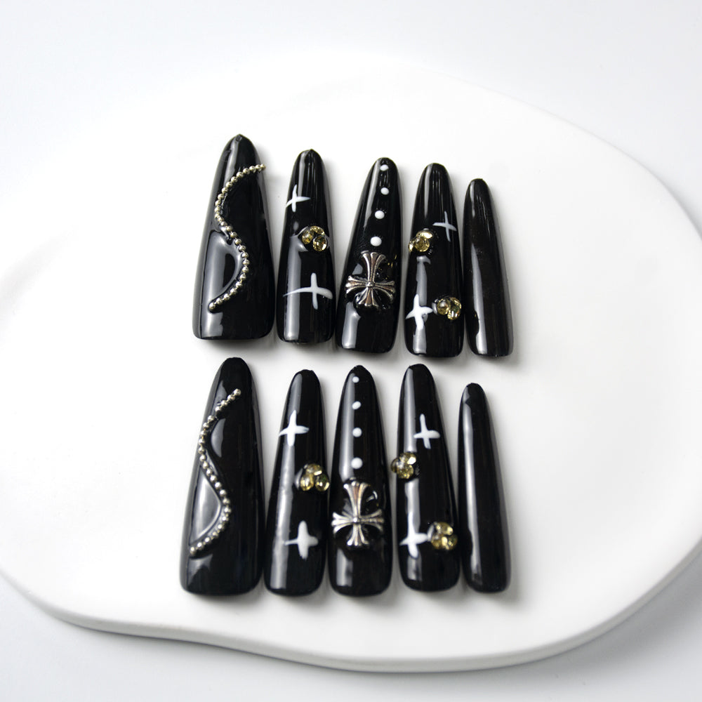 Glossy Black Gothic 3D Press-On Nails