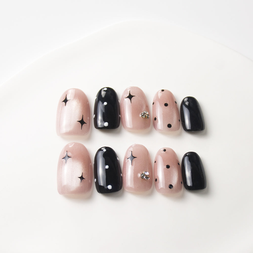 Cute Black Pink Handmade Press-On Nails
