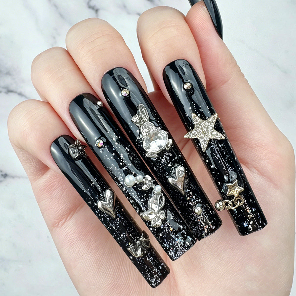 Black Starry Charm Handmade Press-On Nails