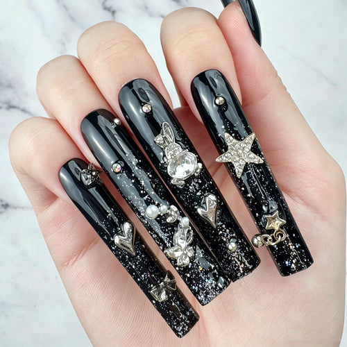 Black Starry Charm Handmade Press-On Nails