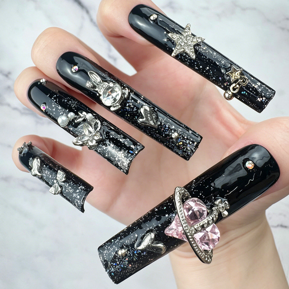 Black Starry Charm Handmade Press-On Nails