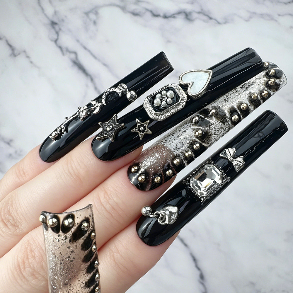 Handmade Black Silver Punk Press-On Nails