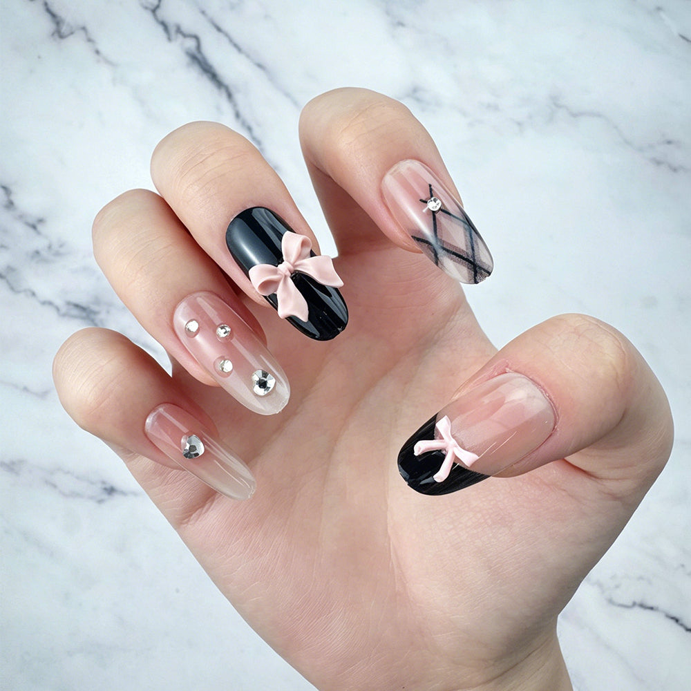 Sweet Cool Bow Plaid Press-On Nails