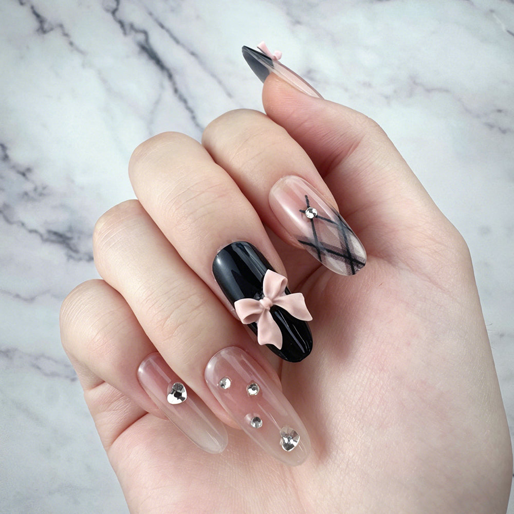 Sweet Cool Bow Plaid Press-On Nails
