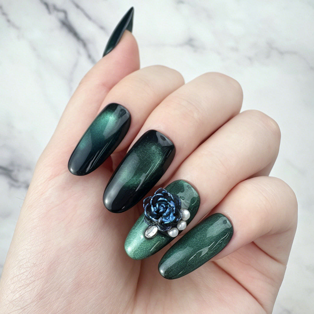 Handmade Emerald Rose Press-On Nails