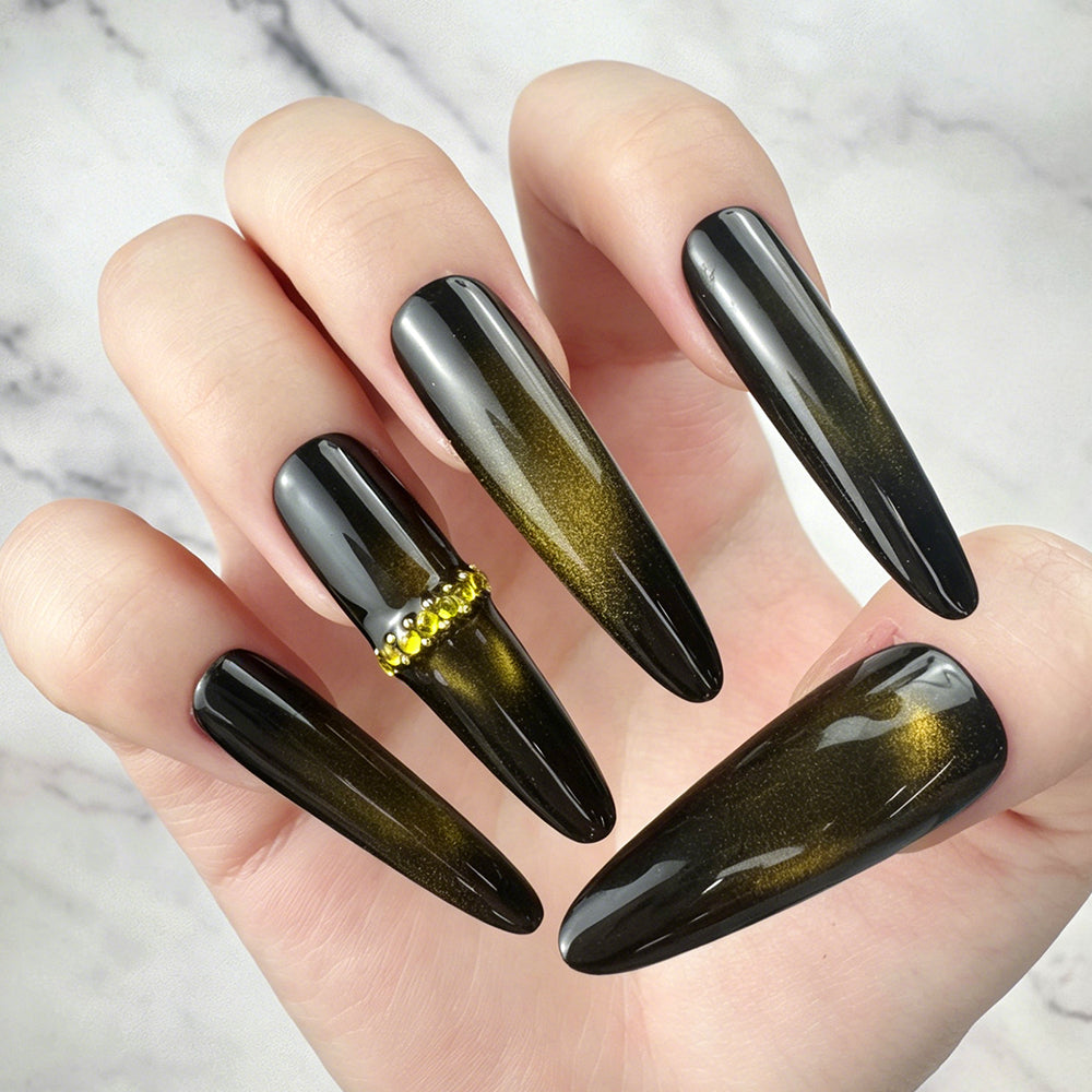 Handmade Black Gold Cat Eye Press-On Nails