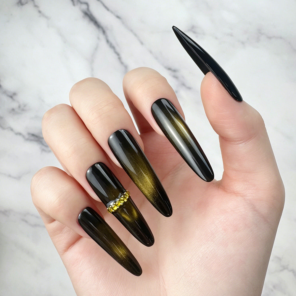 Handmade Black Gold Cat Eye Press-On Nails