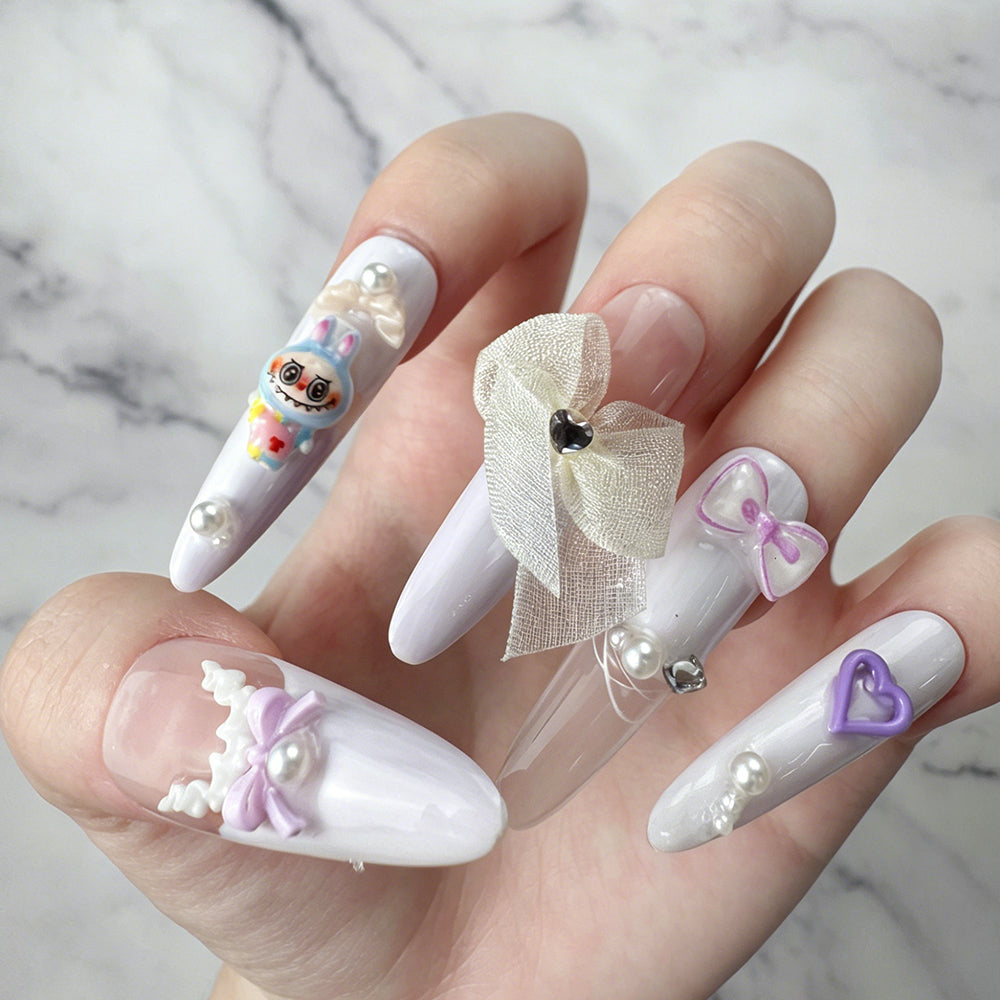 Handmade White Purple Bow Press-On Nails