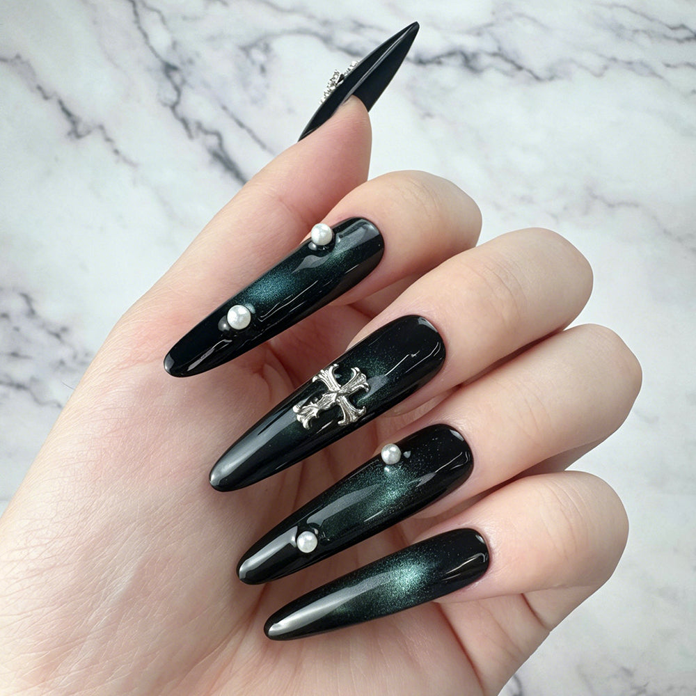Dark Green Cross Charm Press-On Nails