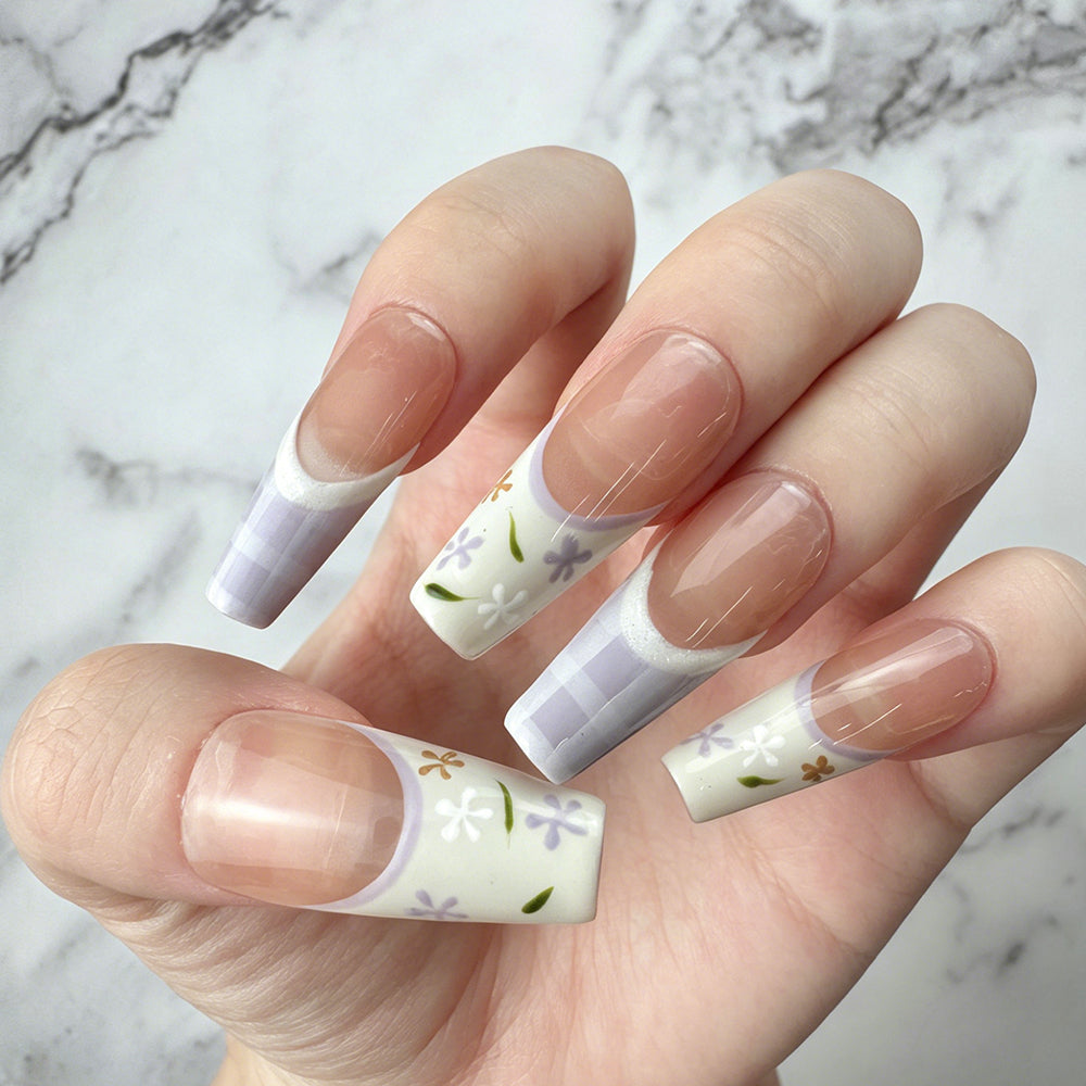 Pastel Floral Plaid Square Press-On Nails