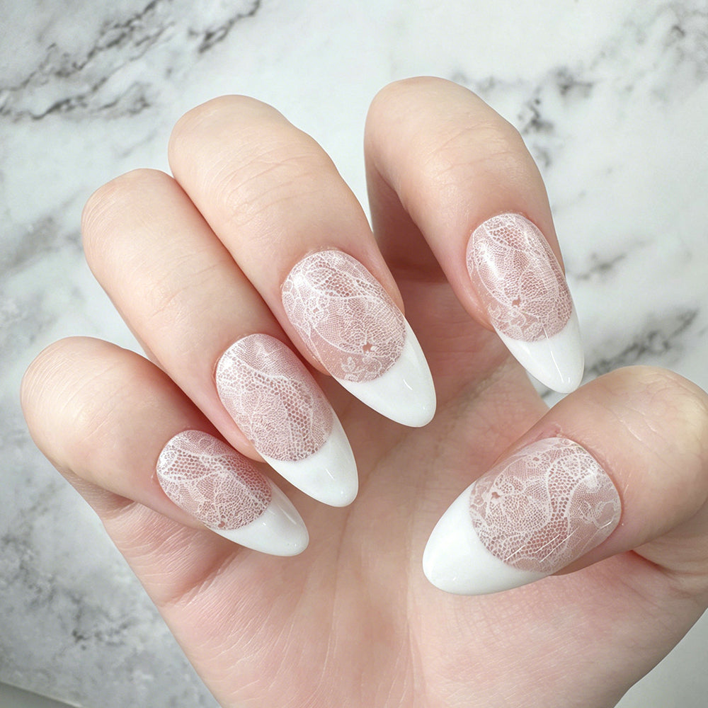 White Lace Almond French Press-On Nails