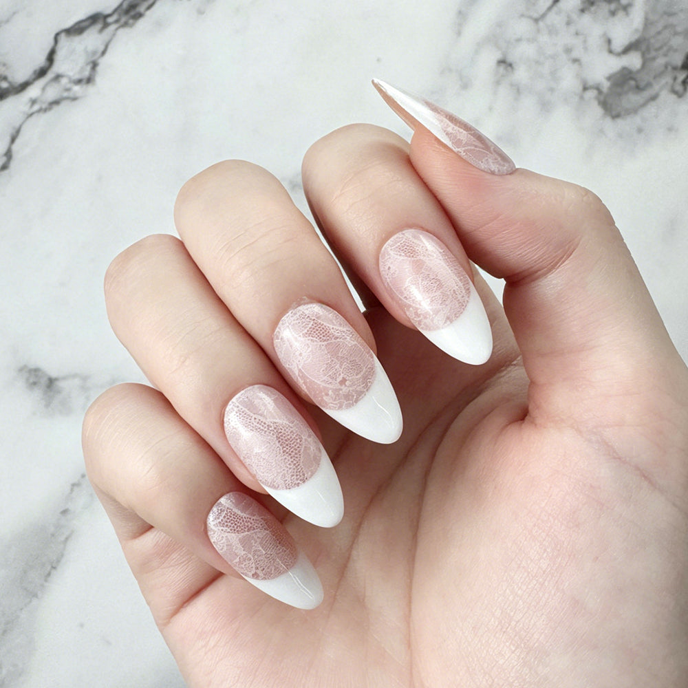 White Lace Almond French Press-On Nails