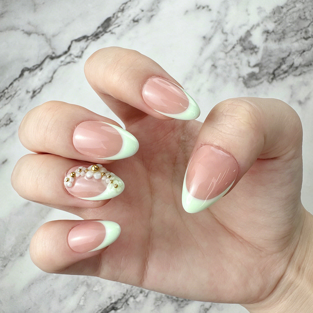 Mint French Press-On Nails with Pearl Accents