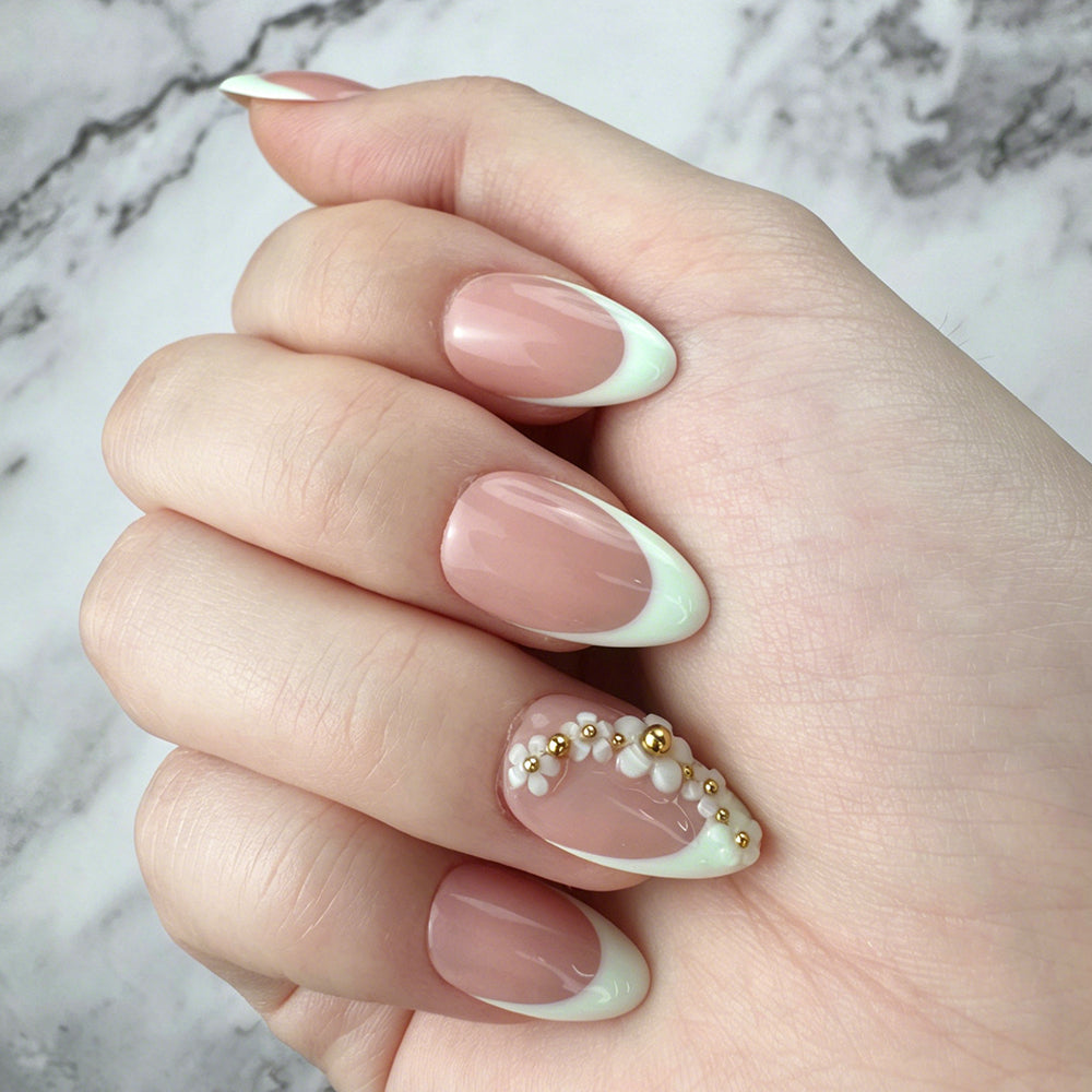 Mint French Press-On Nails with Pearl Accents