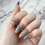 Luxury Blue Floral Rhinestone Press-On Nails
