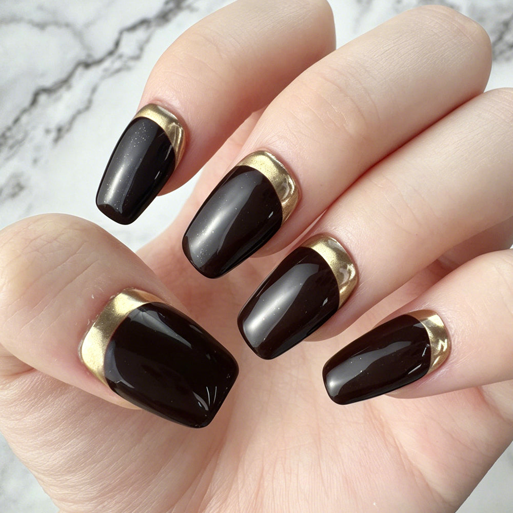 Black Brown Gold Reverse French Press-On Nails