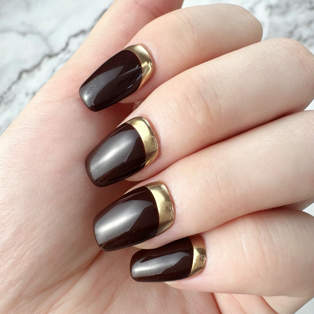 Black Brown Gold Reverse French Press-On Nails