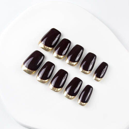 Black Brown Gold Reverse French Press-On Nails
